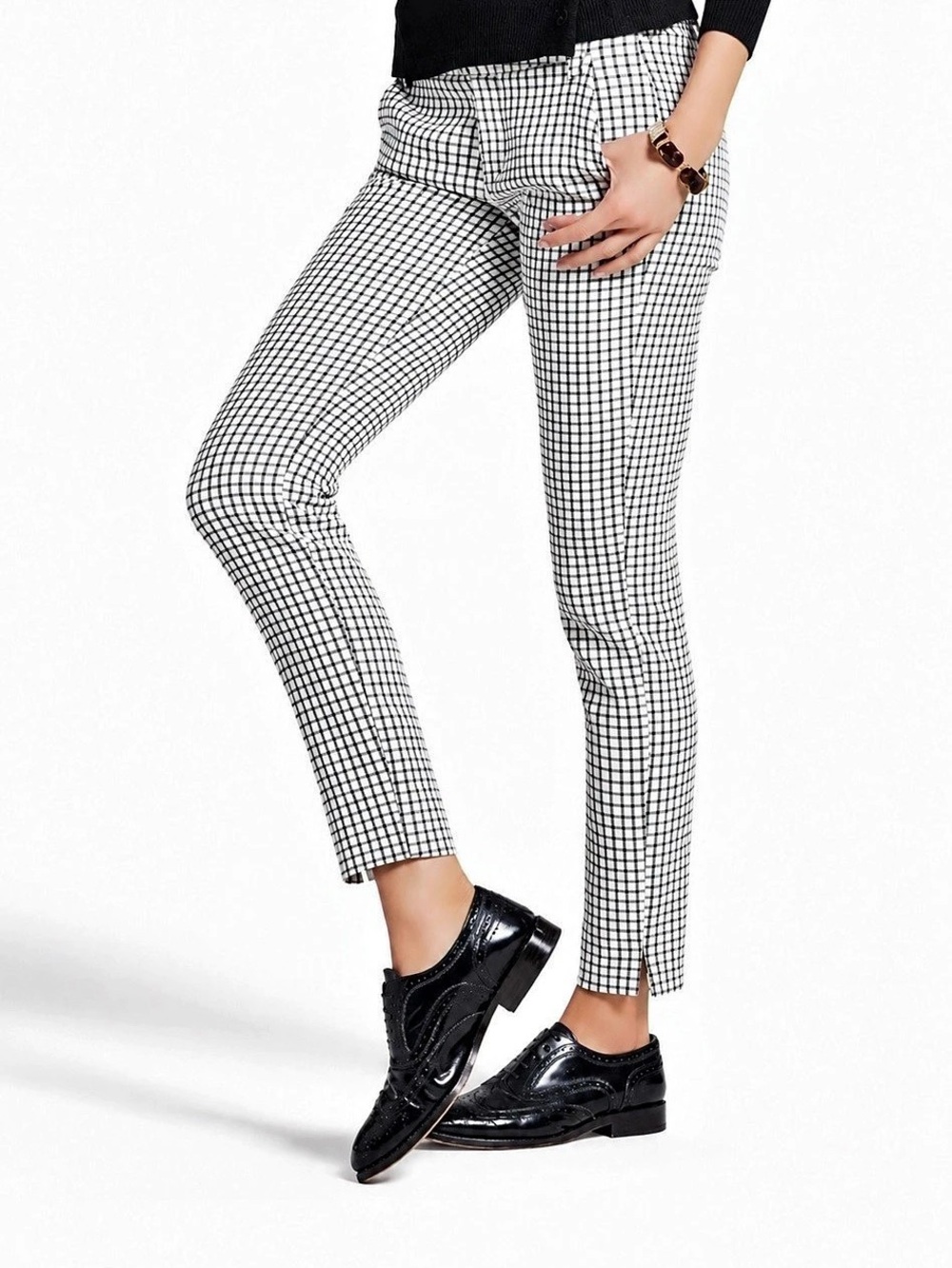 CAbi Black Ivory Windowpane Plaid Trousers Size 8